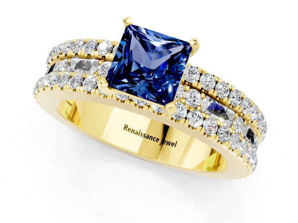 Yellow gold Princess Cut Blue Sapphire Solitaire Ring with Pavé and Channel Set Band