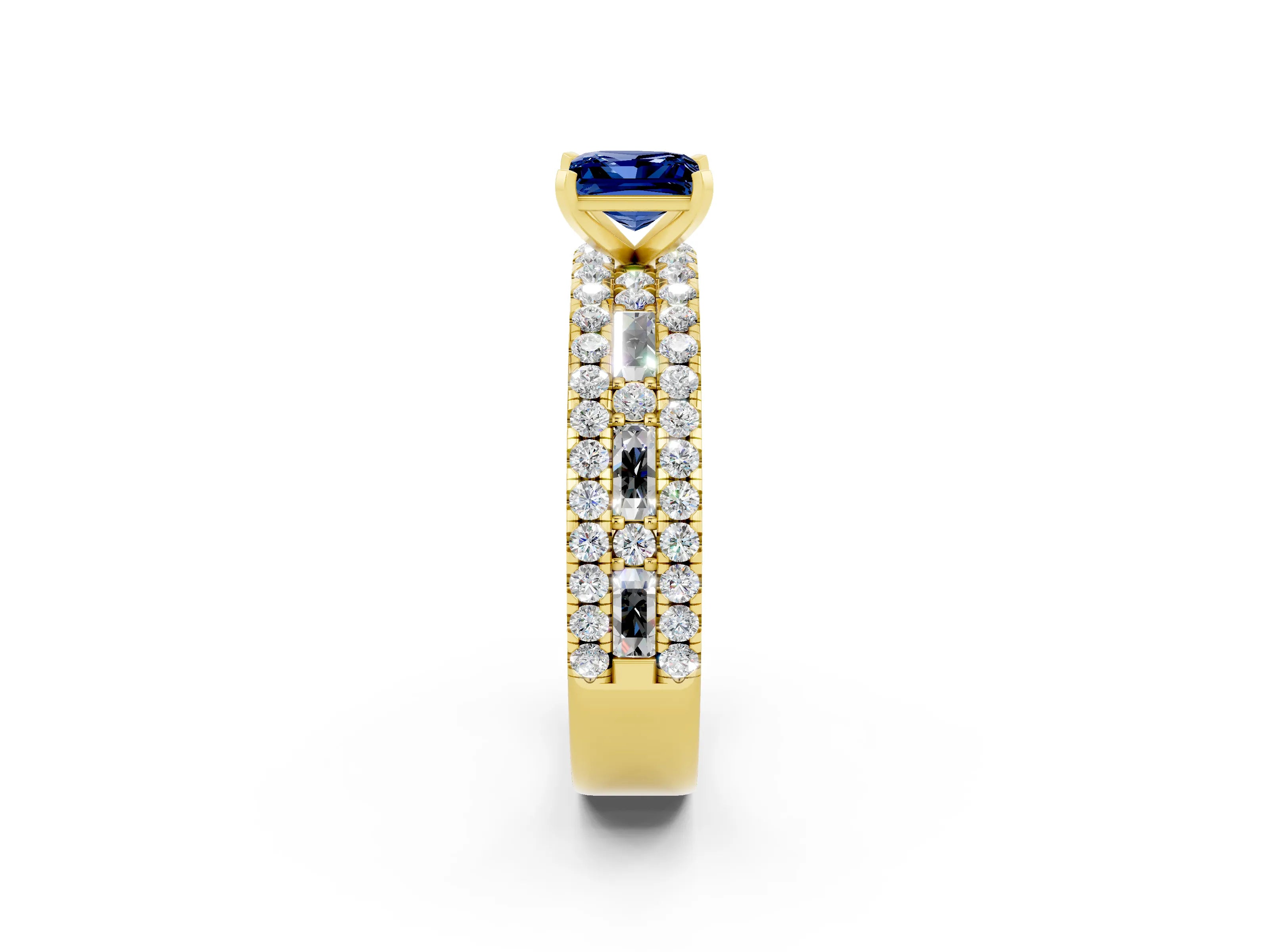 Yellow gold Princess Cut Blue Sapphire Solitaire Ring with Pavé and Channel Set Band_14