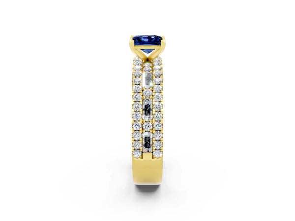 Yellow gold Princess Cut Blue Sapphire Solitaire Ring with Pavé and Channel Set Band