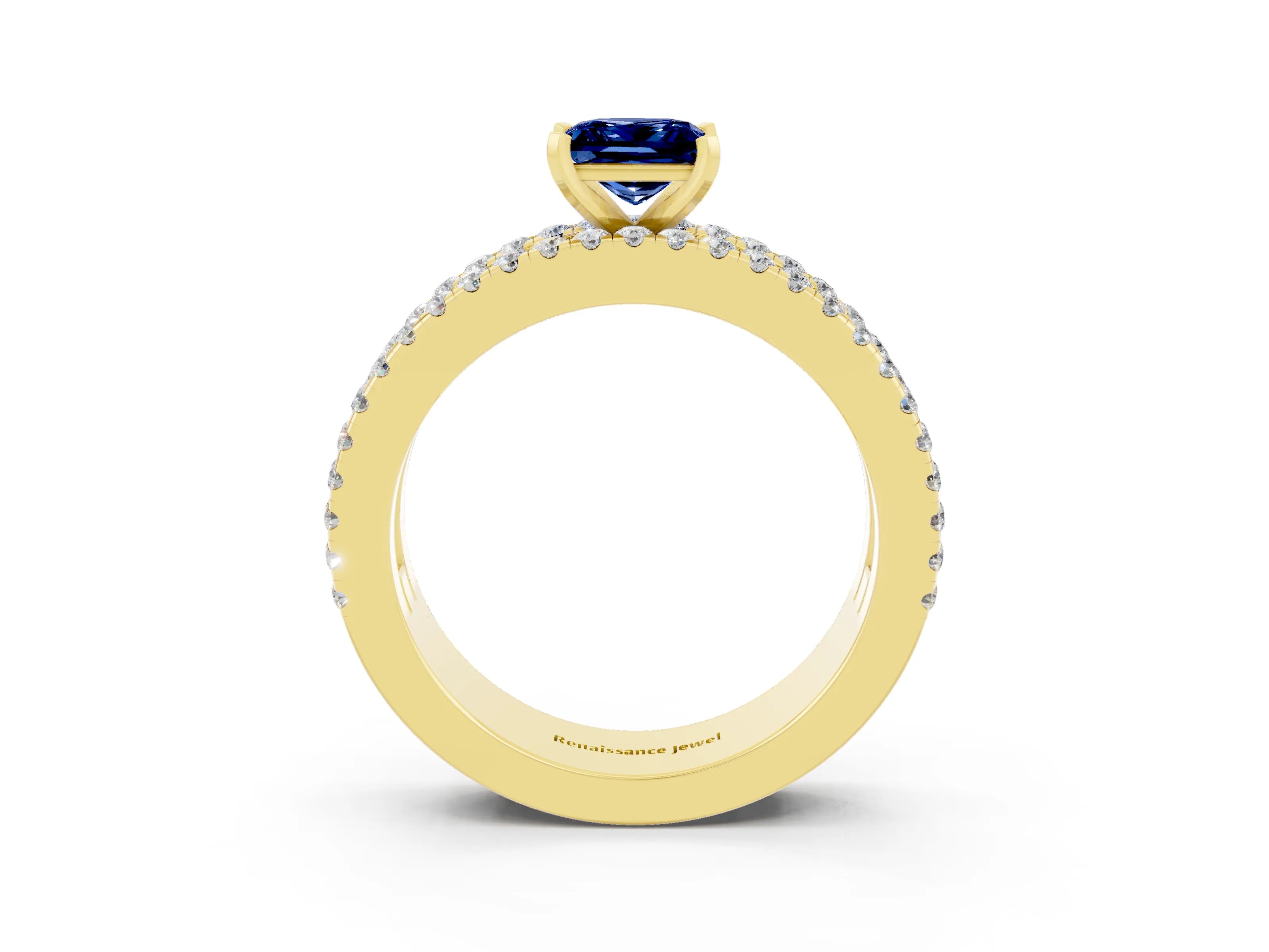 Yellow gold Princess Cut Blue Sapphire Solitaire Ring with Pavé and Channel Set Band_15