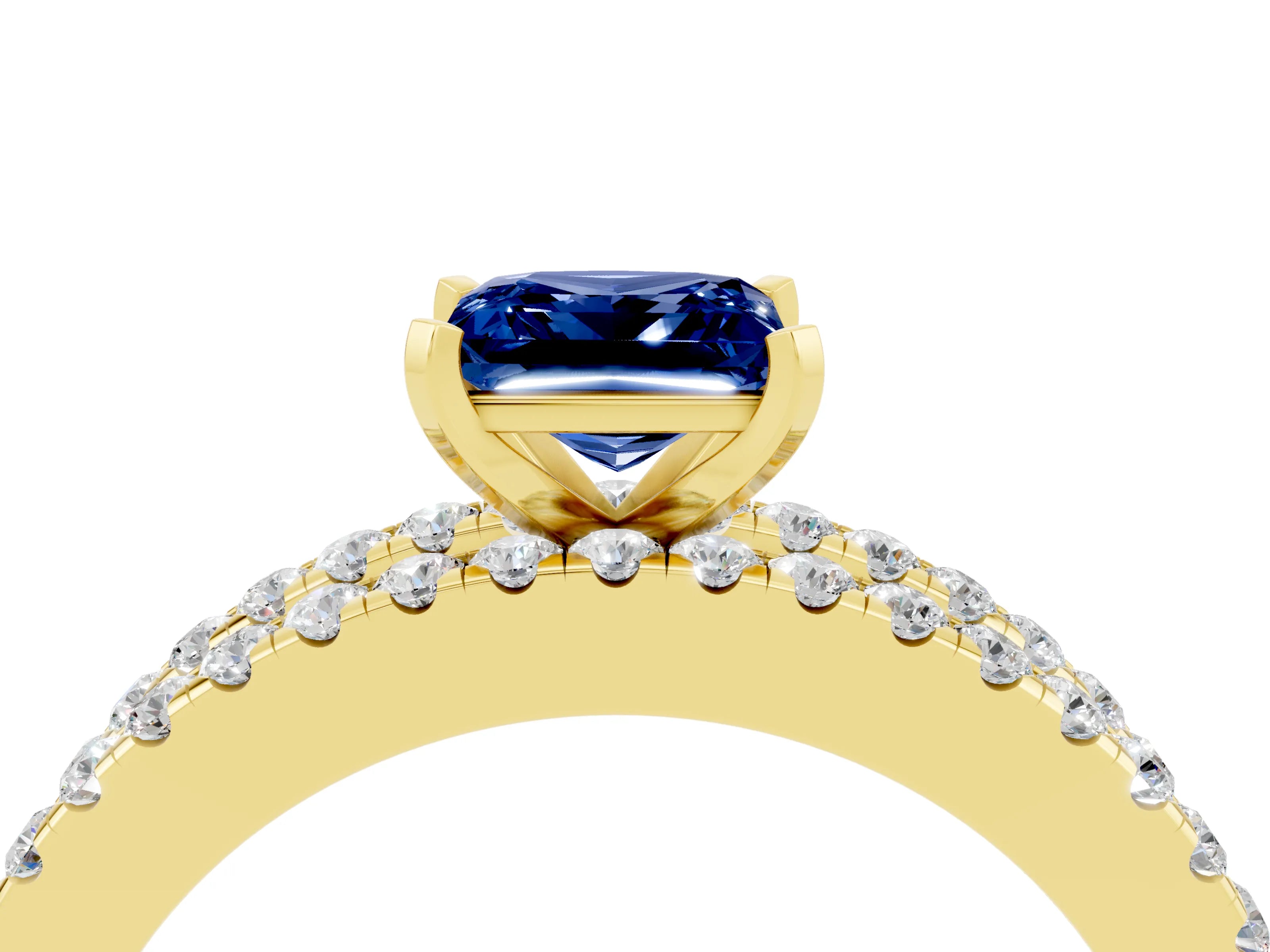 Yellow gold Princess Cut Blue Sapphire Solitaire Ring with Pavé and Channel Set Band_16