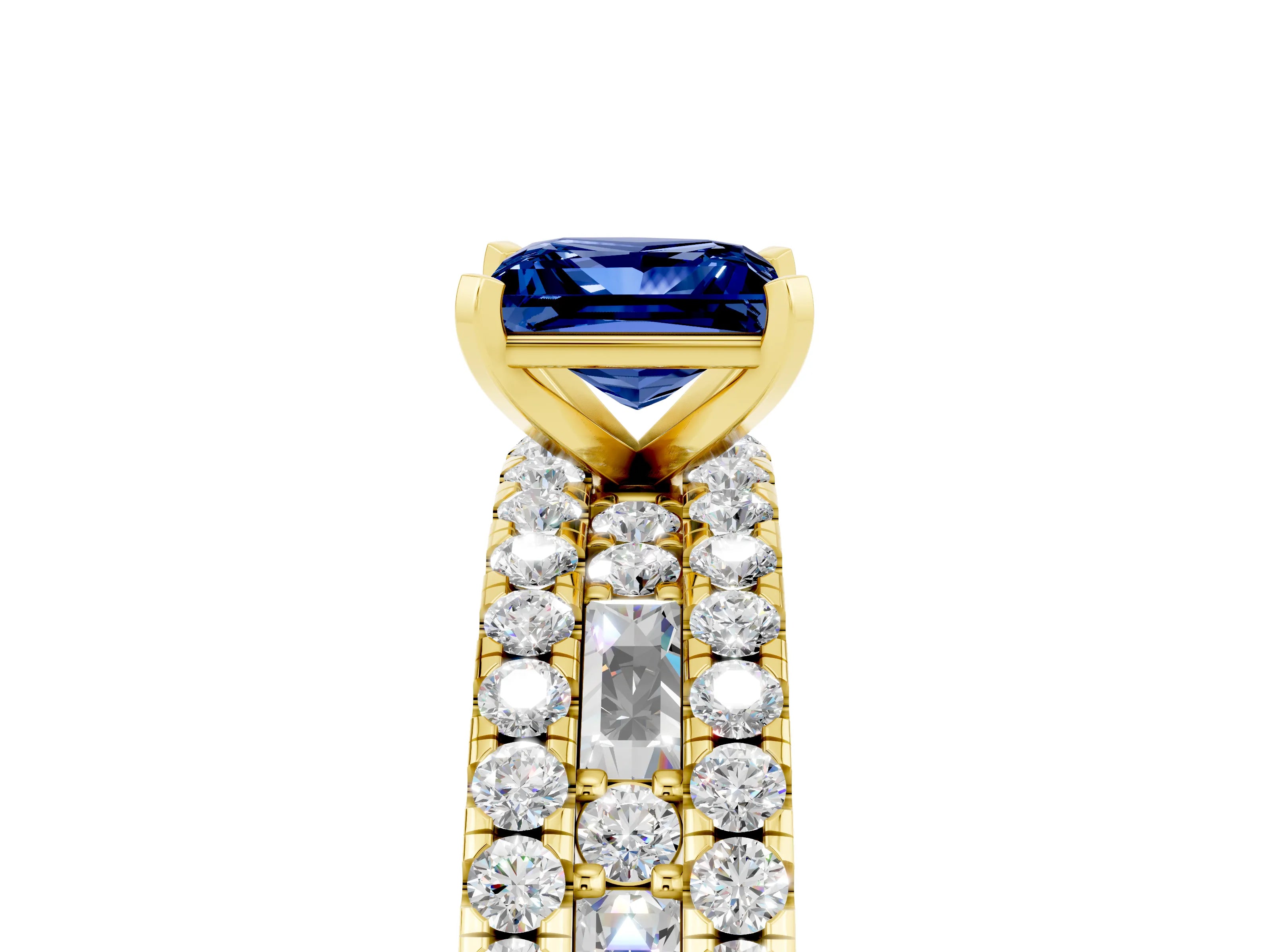 Yellow gold Princess Cut Blue Sapphire Solitaire Ring with Pavé and Channel Set Band_17
