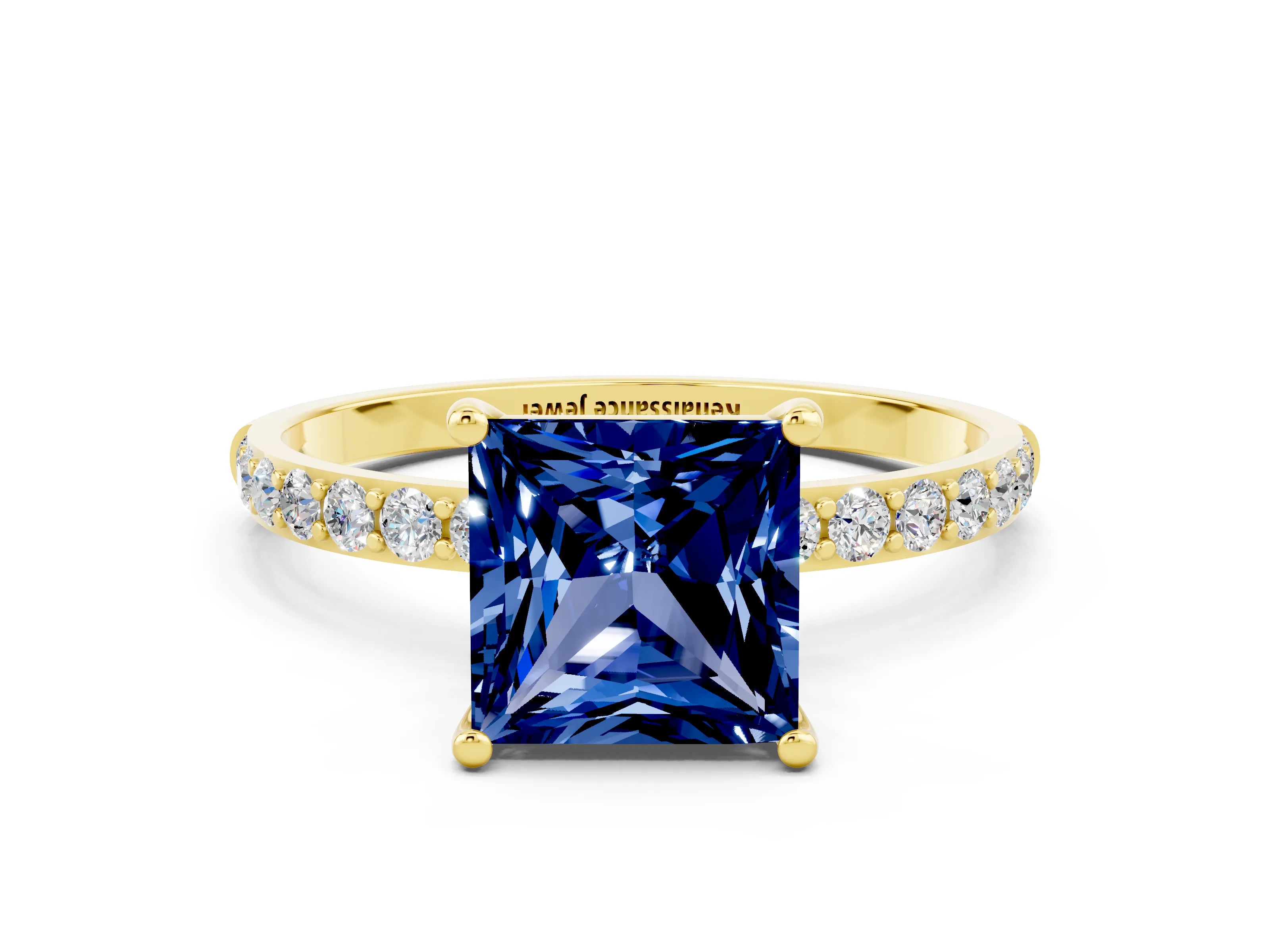 Yellow gold Princess Cut Blue Sapphire Solitaire Ring with Pave Band and Four Prong Setting_12