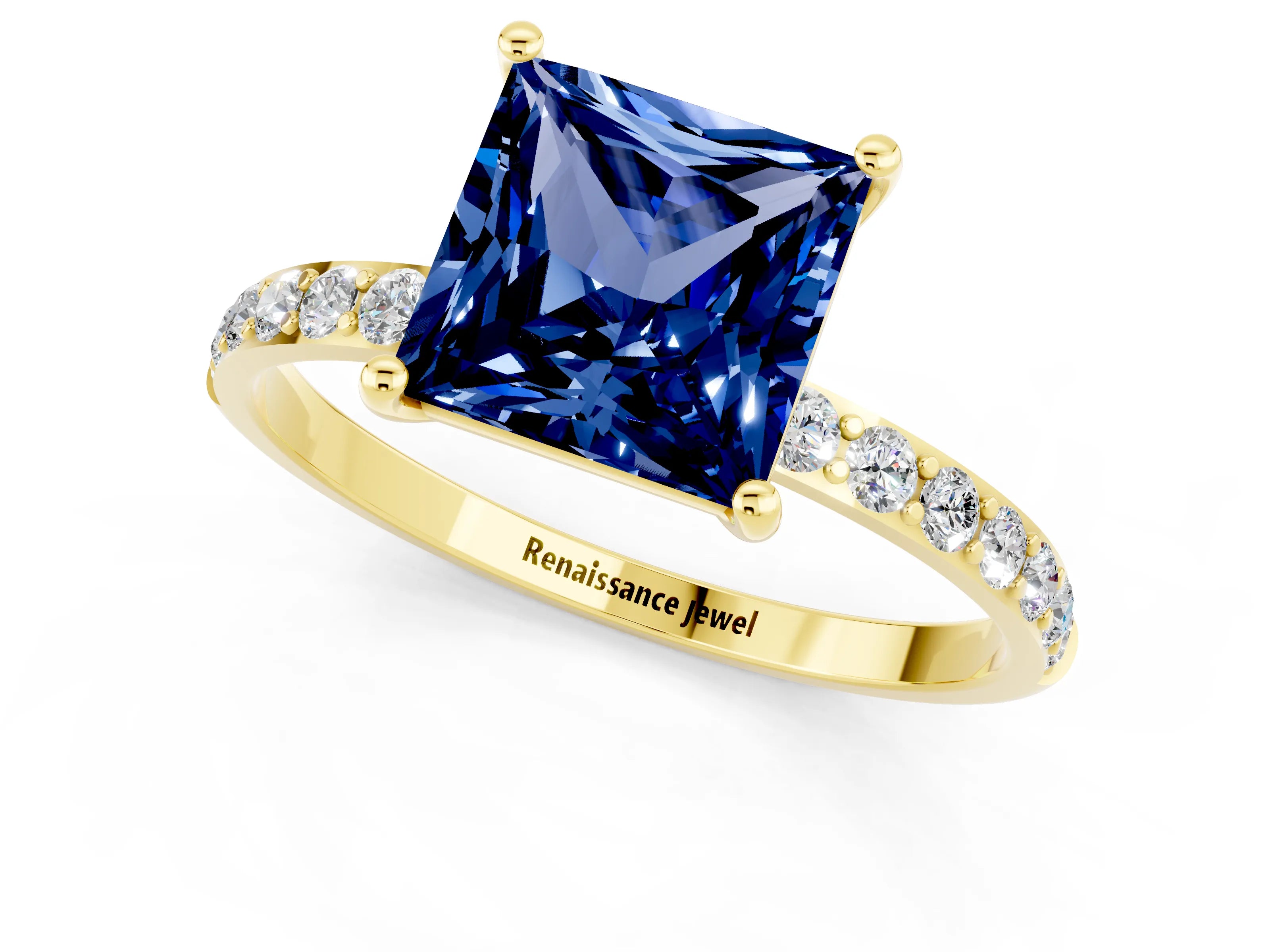 Yellow gold Princess Cut Blue Sapphire Solitaire Ring with Pave Band and Four Prong Setting_13