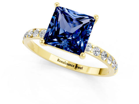 Yellow gold Princess Cut Blue Sapphire Solitaire Ring with Pave Band and Four Prong Setting_13