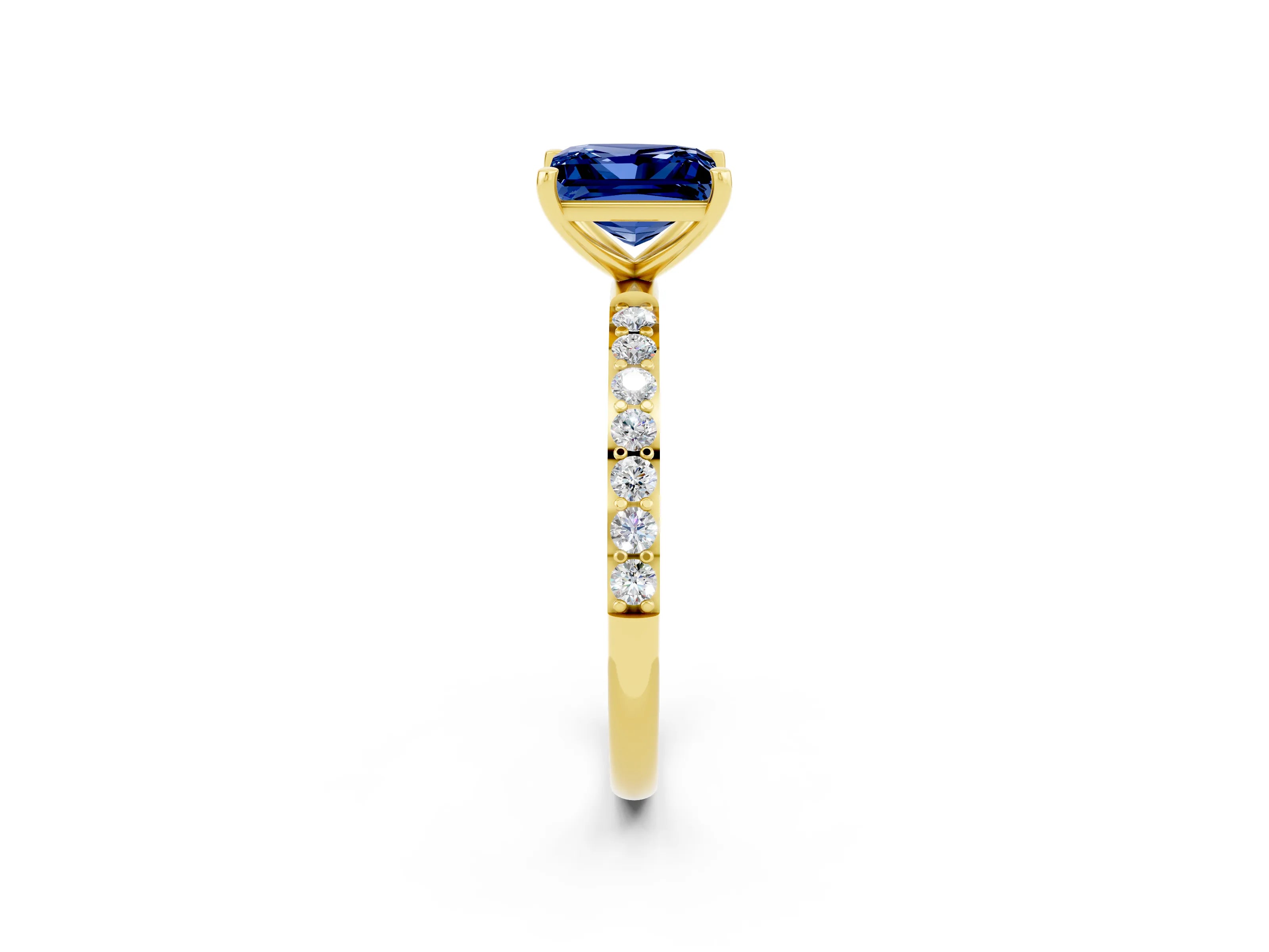 Yellow gold Princess Cut Blue Sapphire Solitaire Ring with Pave Band and Four Prong Setting_14