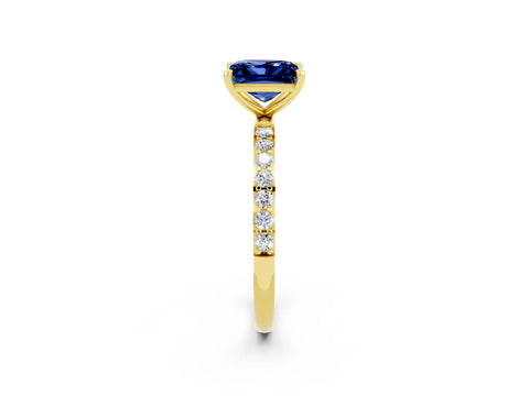 Yellow gold Princess Cut Blue Sapphire Solitaire Ring with Pave Band and Four Prong Setting_14