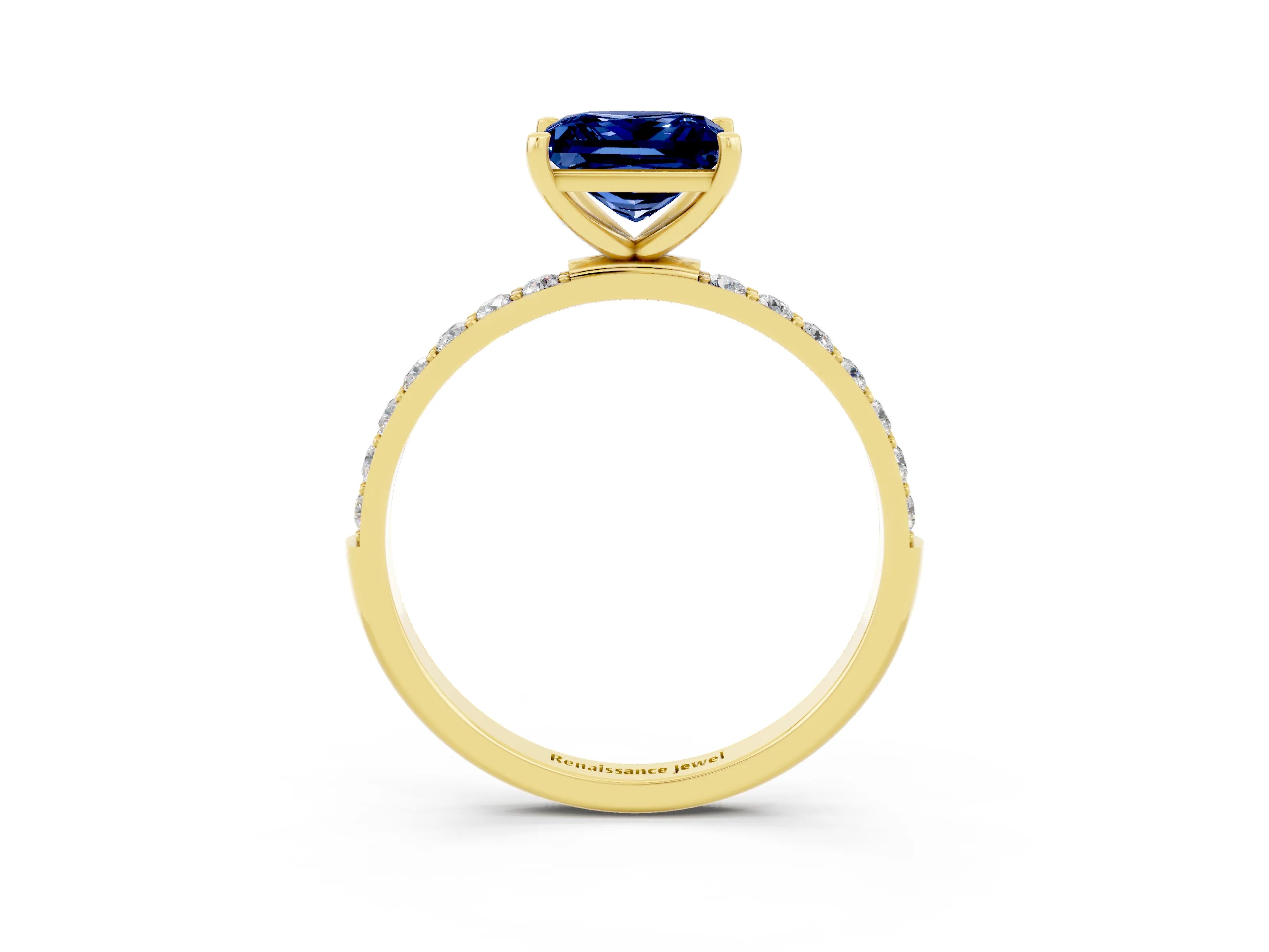 Yellow gold Princess Cut Blue Sapphire Solitaire Ring with Pave Band and Four Prong Setting_15