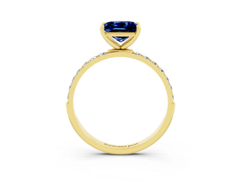 Yellow gold Princess Cut Blue Sapphire Solitaire Ring with Pave Band and Four Prong Setting_15