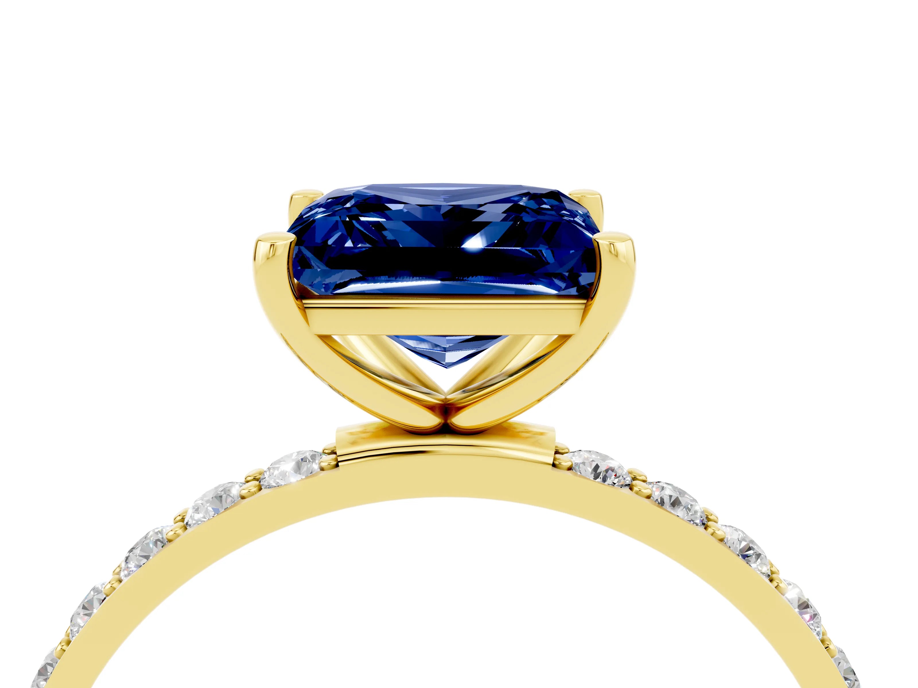 Yellow gold Princess Cut Blue Sapphire Solitaire Ring with Pave Band and Four Prong Setting_16