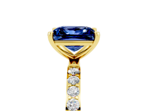 Yellow gold Princess Cut Blue Sapphire Solitaire Ring with Pave Band and Four Prong Setting_17