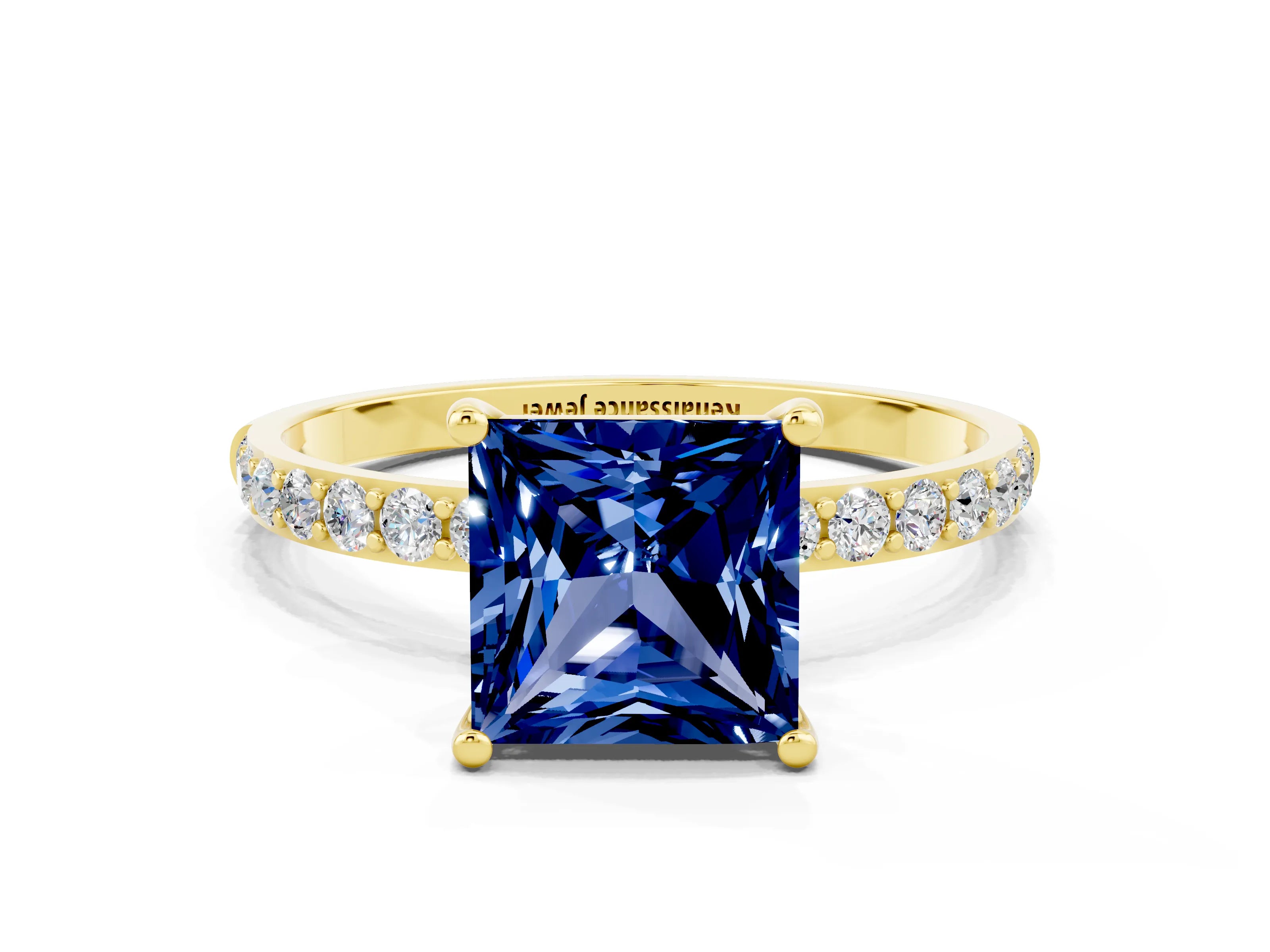 Yellow gold Princess Cut Blue Sapphire Solitaire Ring with Pave Band and Four Prong Setting_24