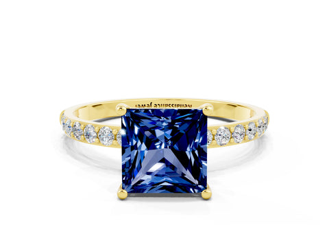 Yellow gold Princess Cut Blue Sapphire Solitaire Ring with Pave Band and Four Prong Setting_24