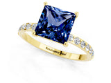 Yellow gold Princess Cut Blue Sapphire Solitaire Ring with Pave Band and Four Prong Setting_25
