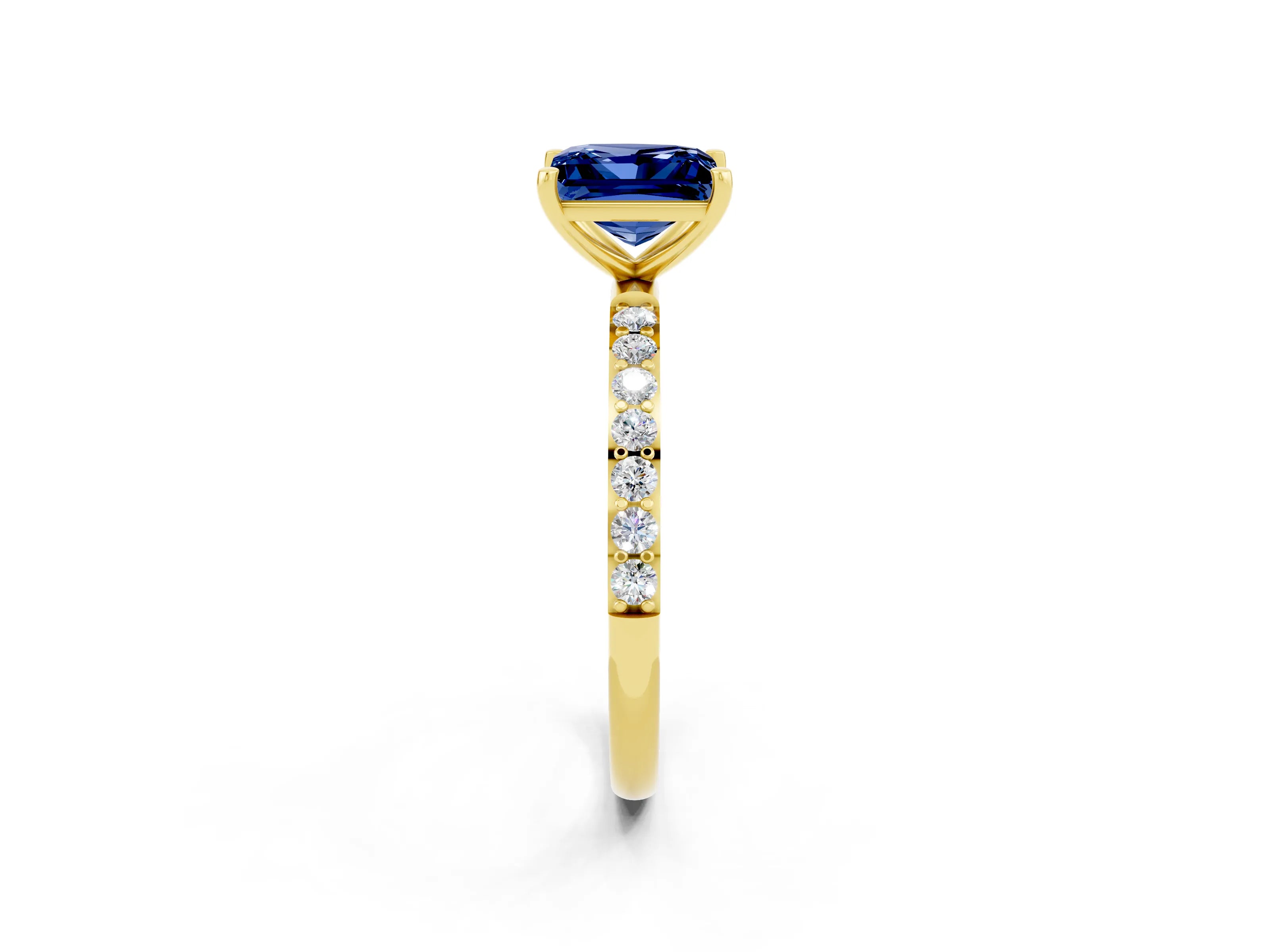 Yellow gold Princess Cut Blue Sapphire Solitaire Ring with Pave Band and Four Prong Setting_26