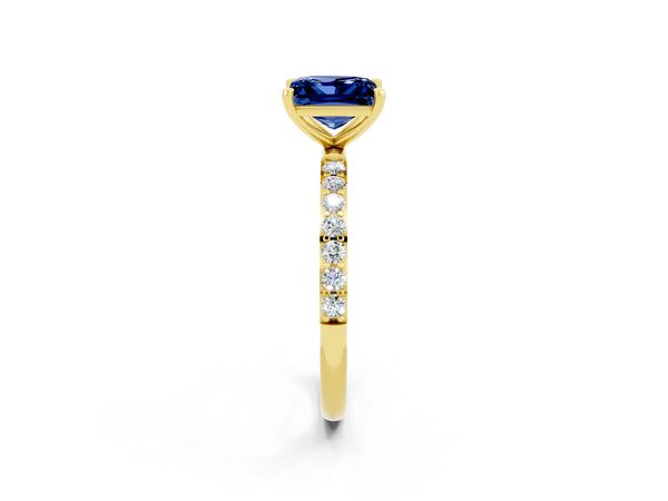 Yellow gold Princess Cut Blue Sapphire Solitaire Ring with Round  Pavé Band and Prong Setting