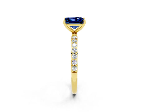 Yellow gold Princess Cut Blue Sapphire Solitaire Ring with Pave Band and Four Prong Setting_26