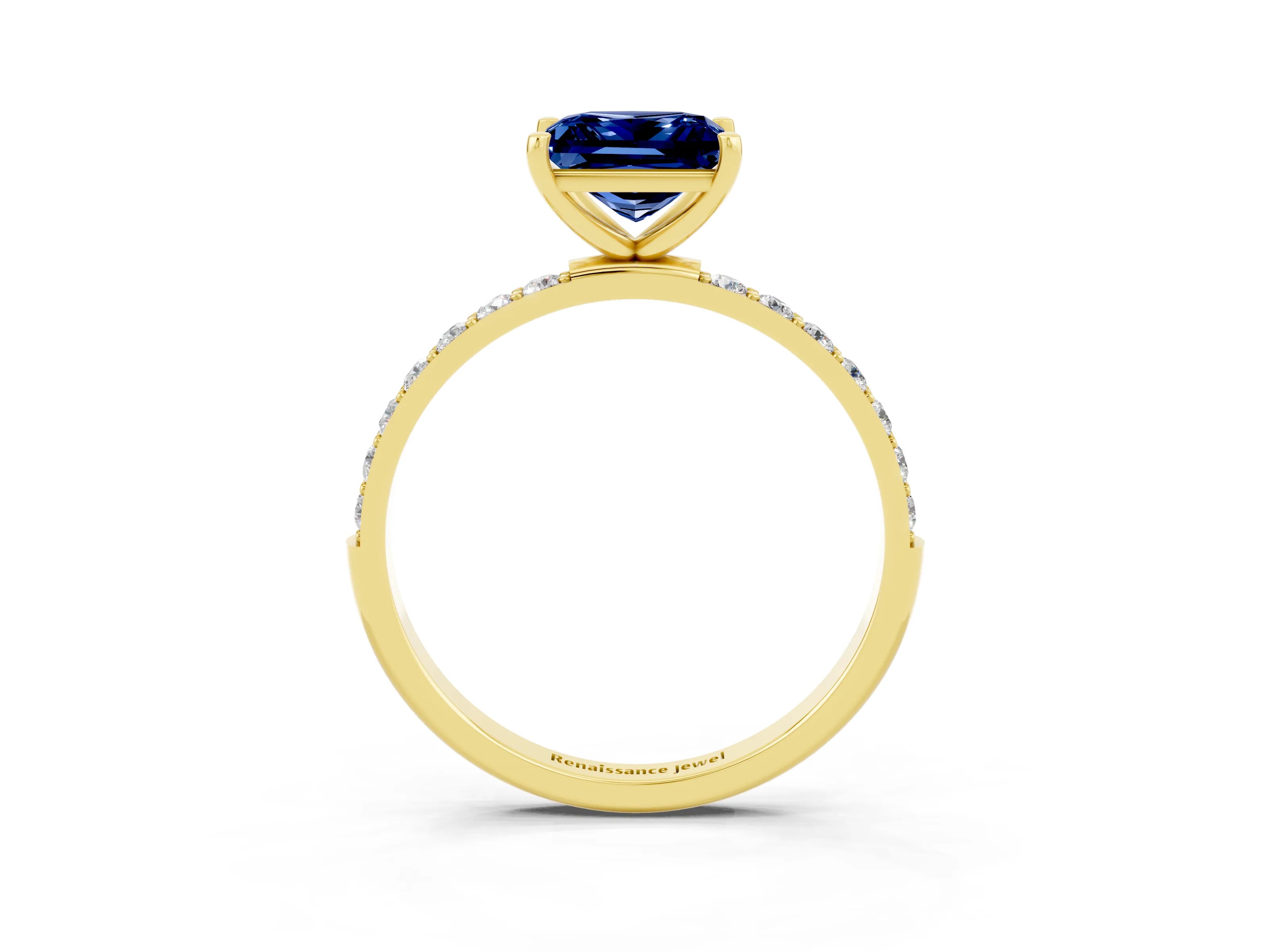 Yellow gold Princess Cut Blue Sapphire Solitaire Ring with Pave Band and Four Prong Setting_27
