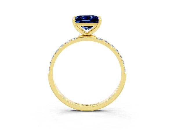Yellow gold Princess Cut Blue Sapphire Solitaire Ring with Round  Pavé Band and Prong Setting
