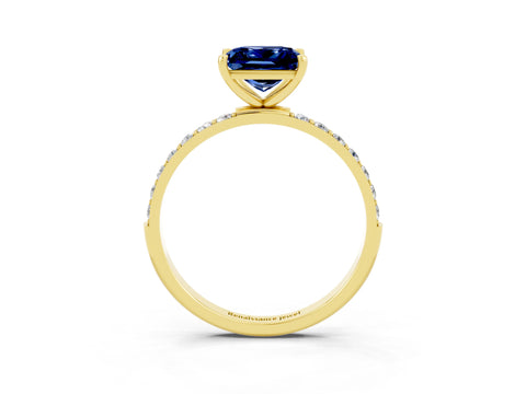 Yellow gold Princess Cut Blue Sapphire Solitaire Ring with Pave Band and Four Prong Setting_27