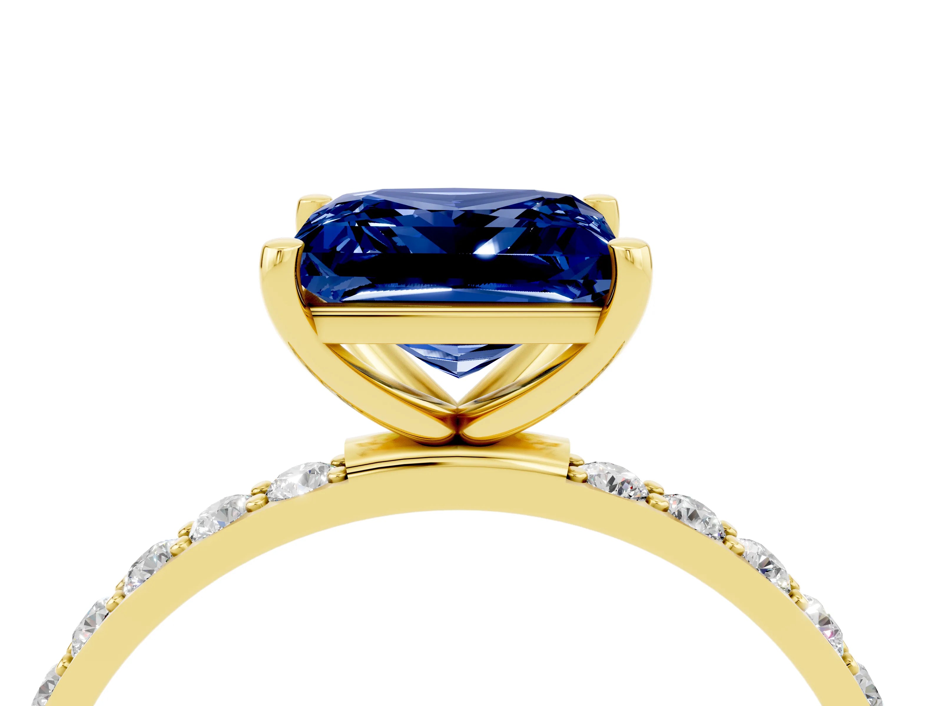 Yellow gold Princess Cut Blue Sapphire Solitaire Ring with Pave Band and Four Prong Setting_28