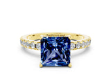 Yellow gold Princess Cut Blue Sapphire Solitaire Ring with Round  Pavé Band and Four-Prong Setting_36