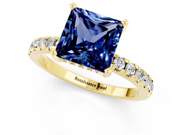 Yellow gold Princess Cut Blue Sapphire Solitaire Ring with Round Pavé Band and Four-Prong Setting