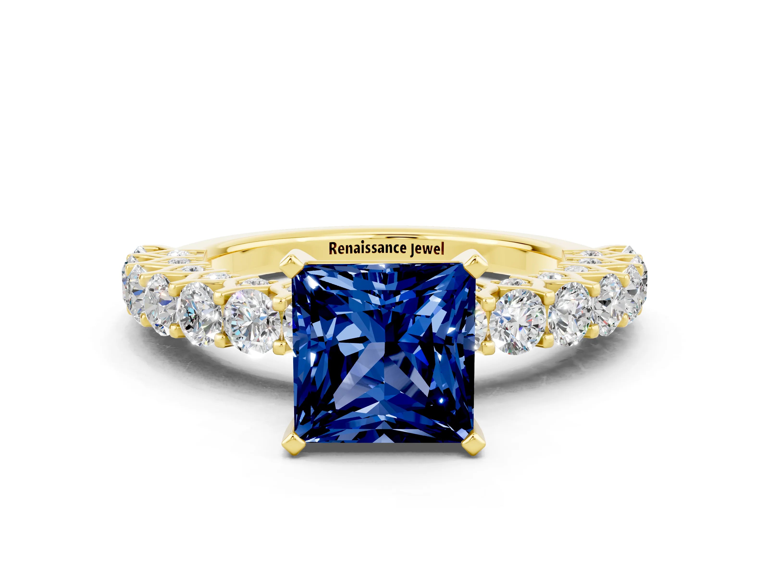 Yellow gold Princess Cut Blue Sapphire Solitaire Ring with Shared Prong Pavé Band and Four-Prong Setting