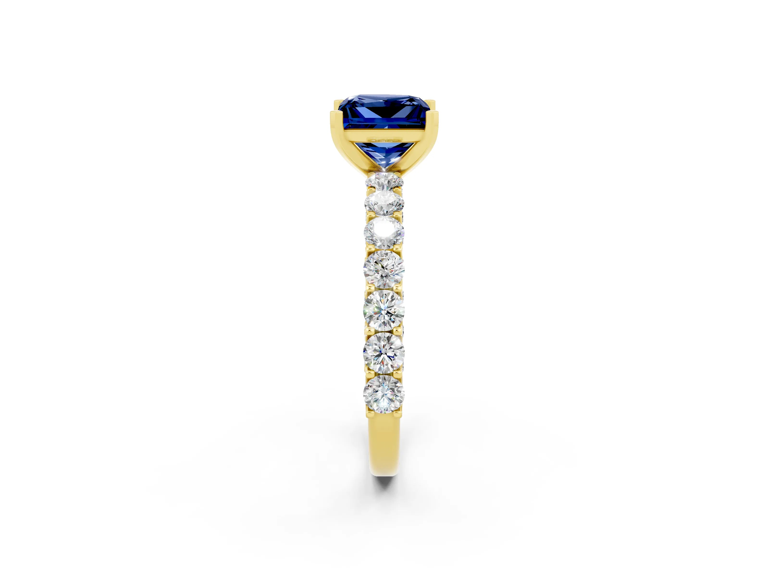 Yellow gold Princess Cut Blue Sapphire Solitaire Ring with Shared Prong Pavé Band and Four-Prong Setting_2