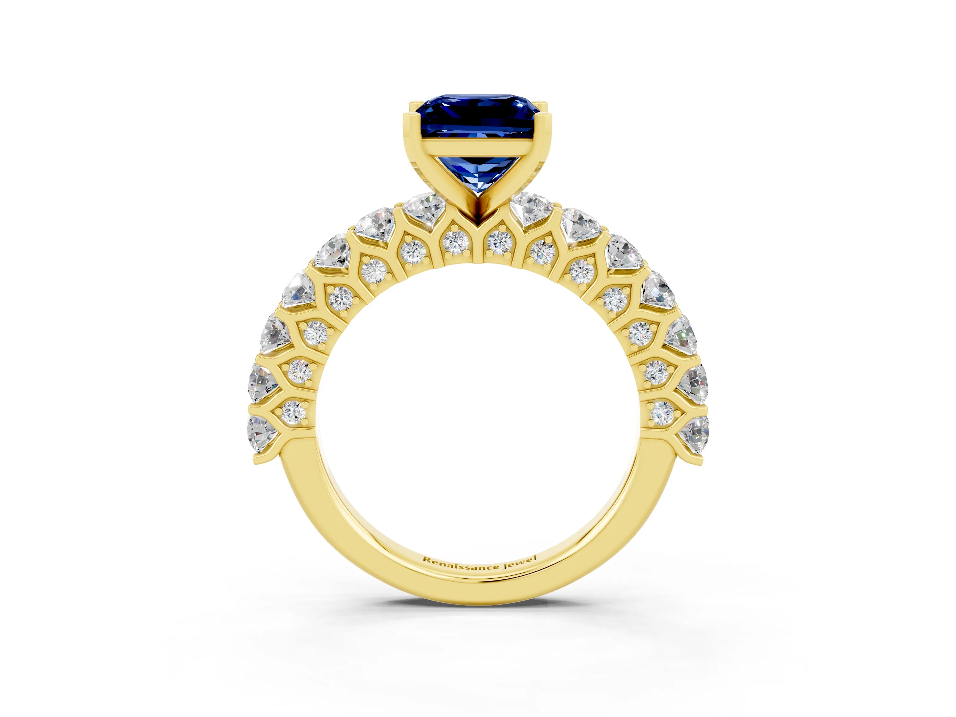 Yellow gold Princess Cut Blue Sapphire Solitaire Ring with Shared Prong Pavé Band and Four-Prong Setting_3