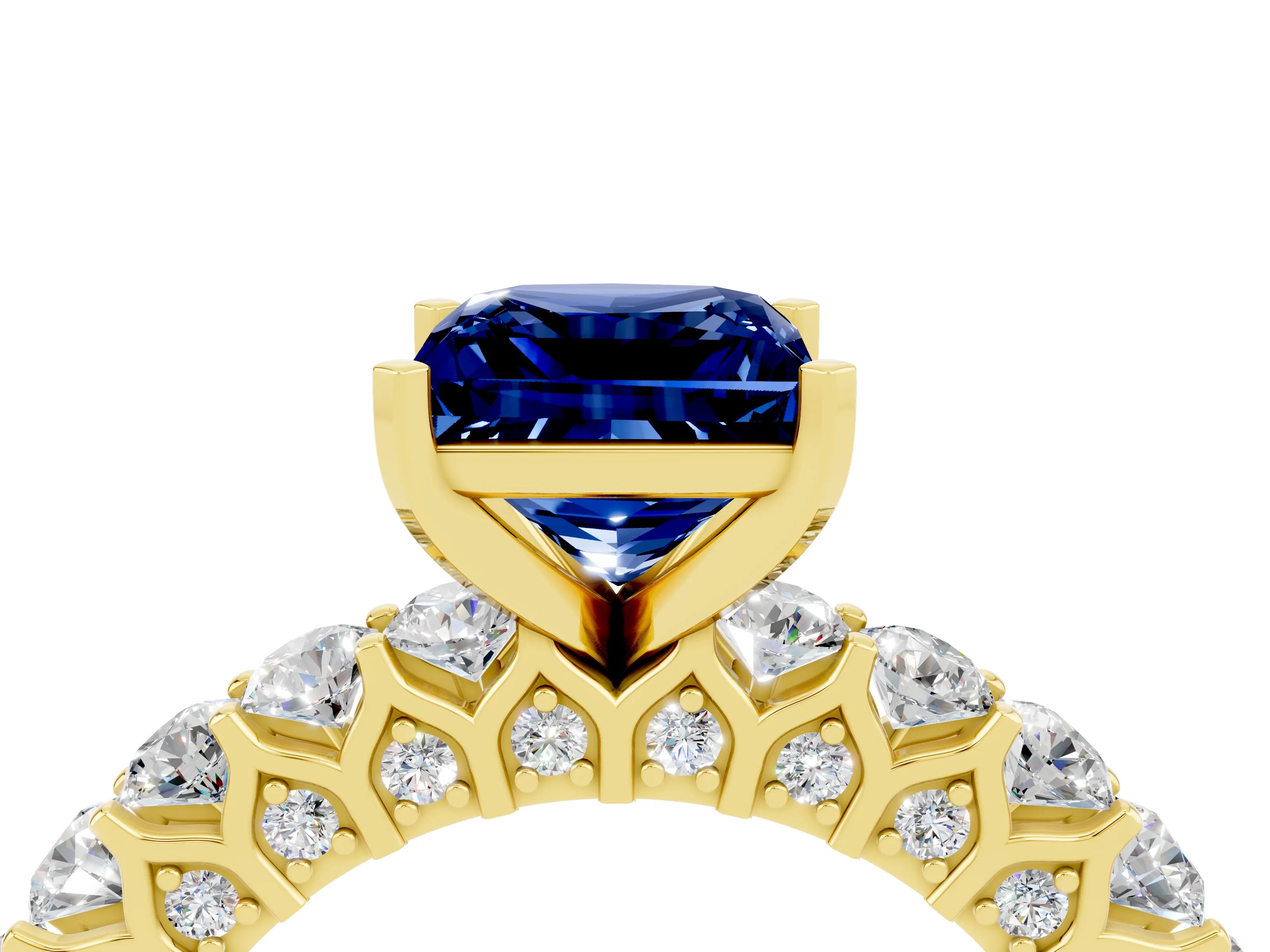 Yellow gold Princess Cut Blue Sapphire Solitaire Ring with Shared Prong Pavé Band and Four-Prong Setting_4