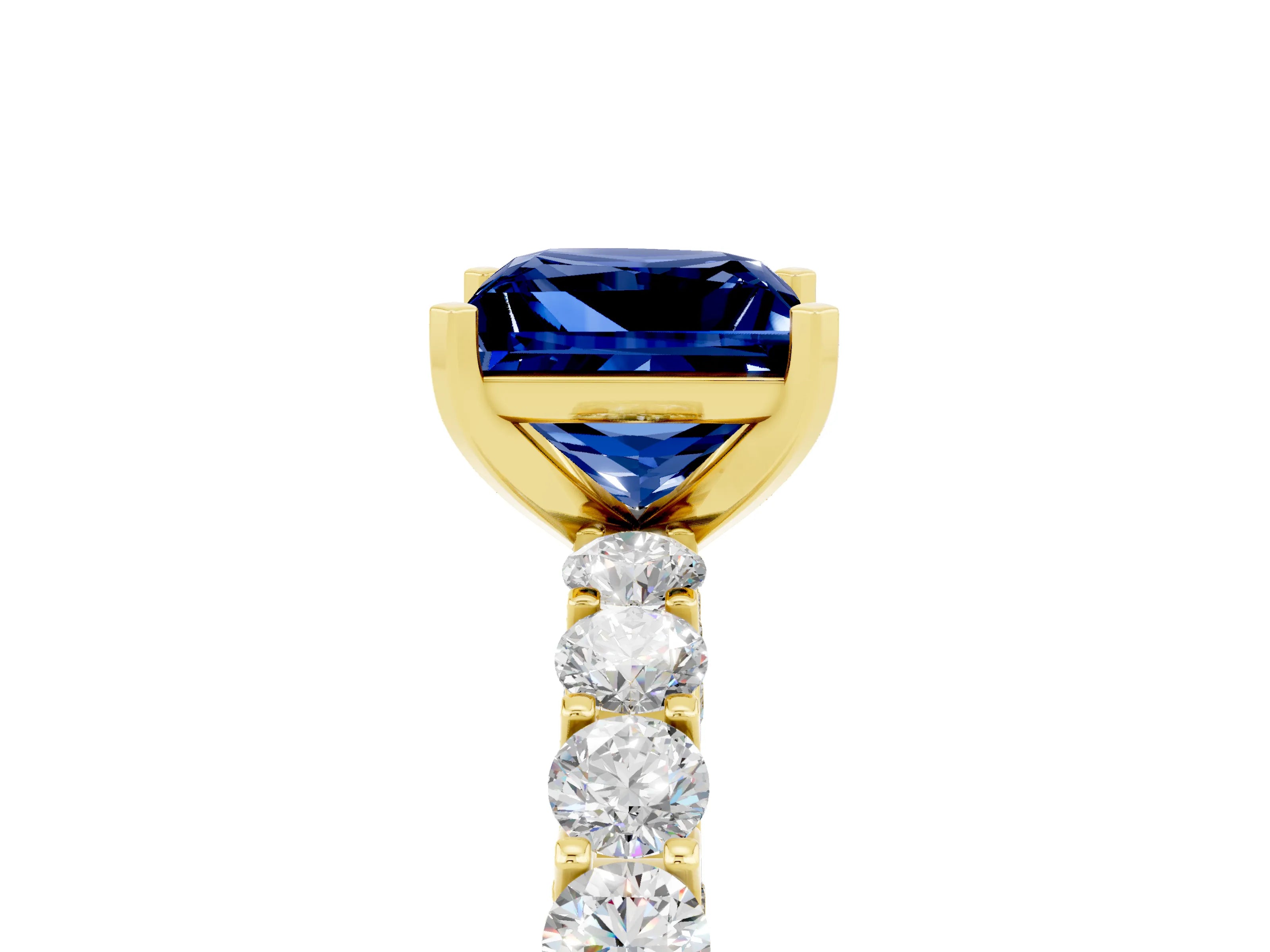 Yellow gold Princess Cut Blue Sapphire Solitaire Ring with Shared Prong Pavé Band and Four-Prong Setting_5