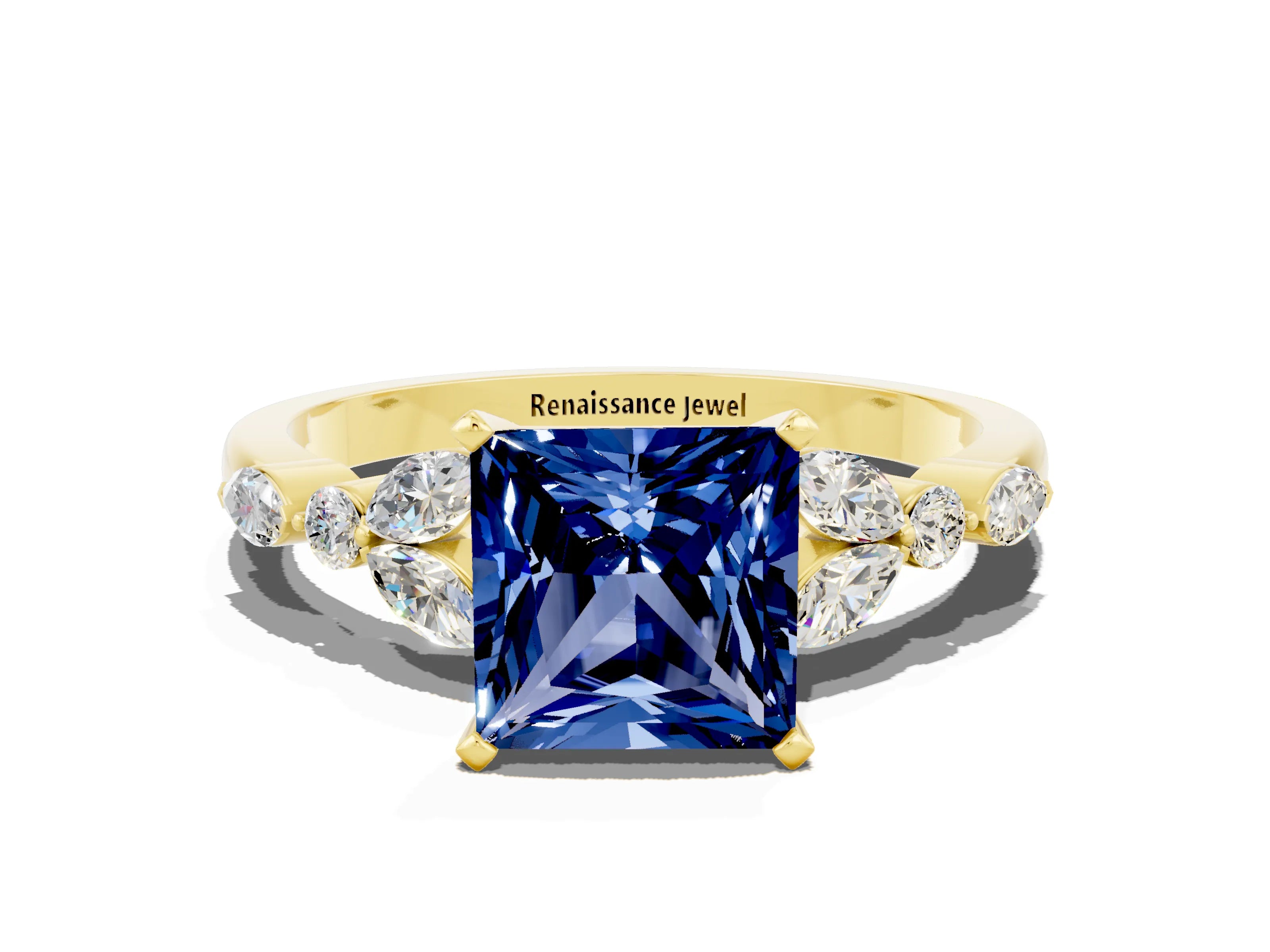 Yellow gold Princess Cut Blue Sapphire Solitaire Ring with Side Stones and Four-Prong Setting_12