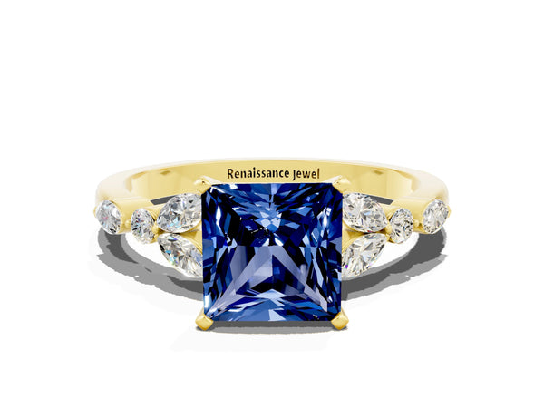 Yellow gold Princess Cut Blue Sapphire Solitaire Ring with Side Stones and Four-Prong Setting