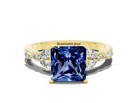 Yellow gold Princess Cut Blue Sapphire Solitaire Ring with Side Stones and Four-Prong Setting_12