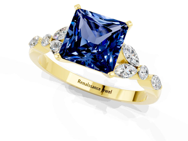 Yellow gold Princess Cut Blue Sapphire Solitaire Ring with Side Stones and Four-Prong Setting