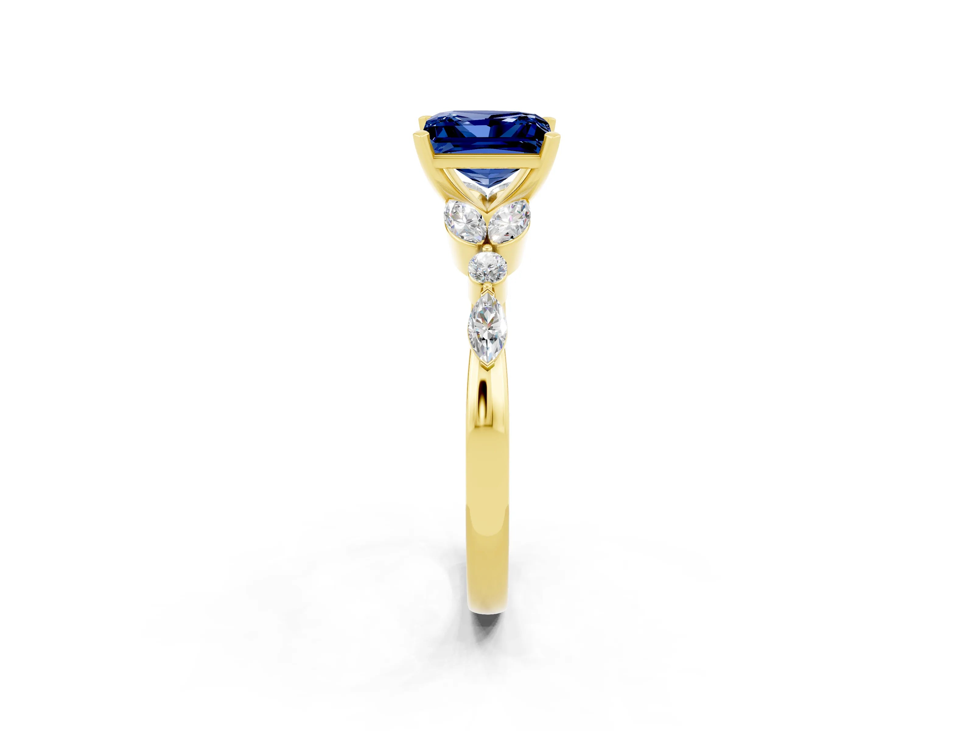 Yellow gold Princess Cut Blue Sapphire Solitaire Ring with Side Stones and Four-Prong Setting_14