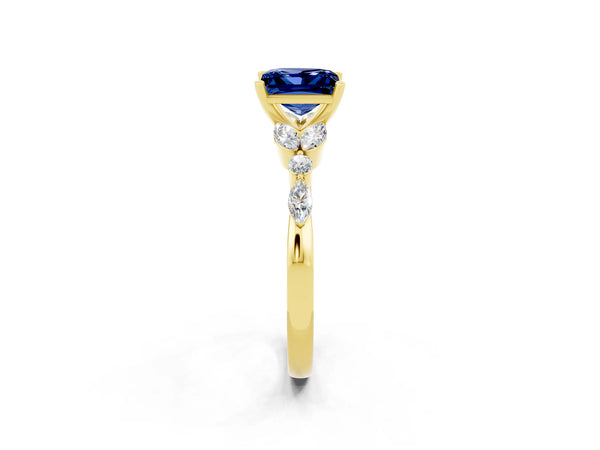 Yellow gold Princess Cut Blue Sapphire Solitaire Ring with Side Stones and Four-Prong Setting