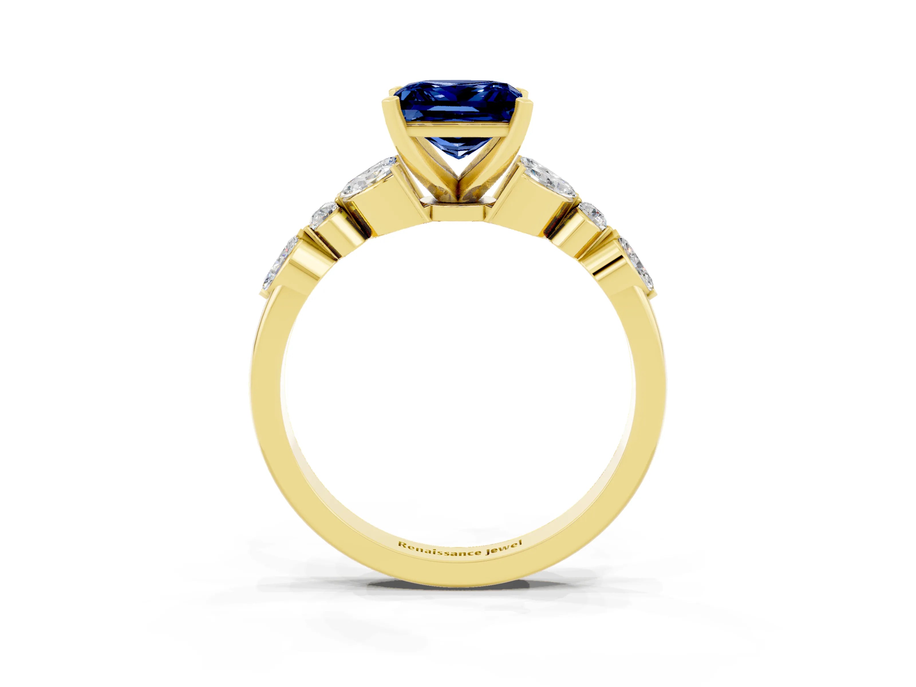 Yellow gold Princess Cut Blue Sapphire Solitaire Ring with Side Stones and Four-Prong Setting_15