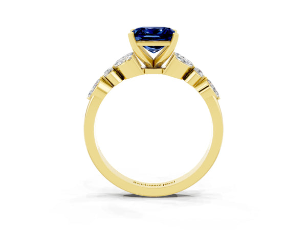 Yellow gold Princess Cut Blue Sapphire Solitaire Ring with Side Stones and Four-Prong Setting