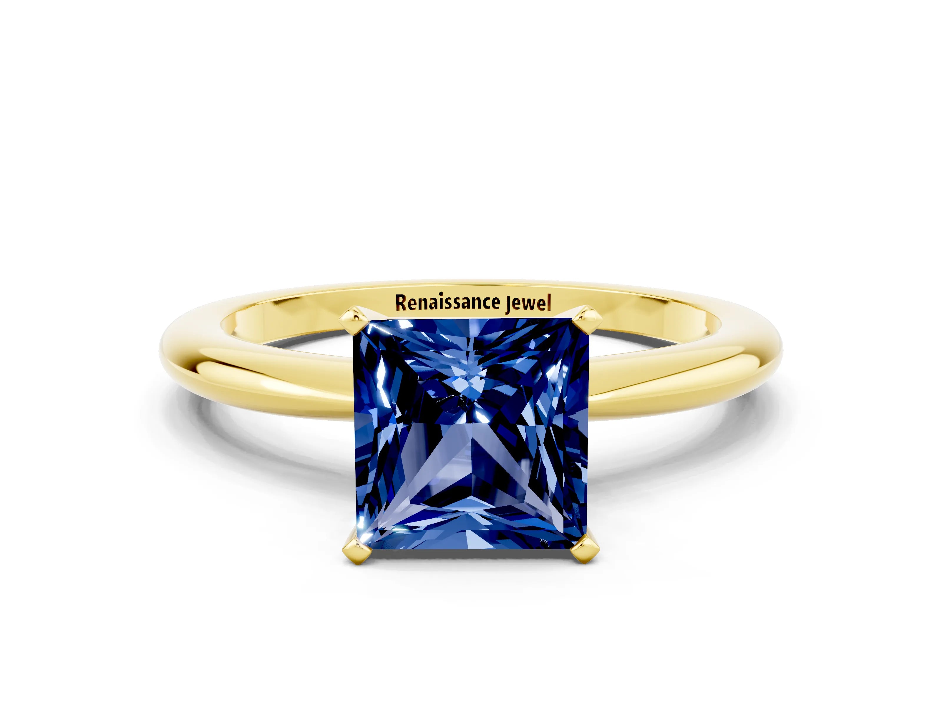 Yellow gold Princess Cut Blue Sapphire Solitaire Ring with Six-Prong Setting and Classic Band