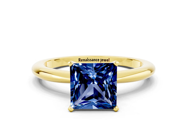 Yellow gold Princess Cut Blue Sapphire Solitaire Ring with Six-Prong Setting and Classic Band