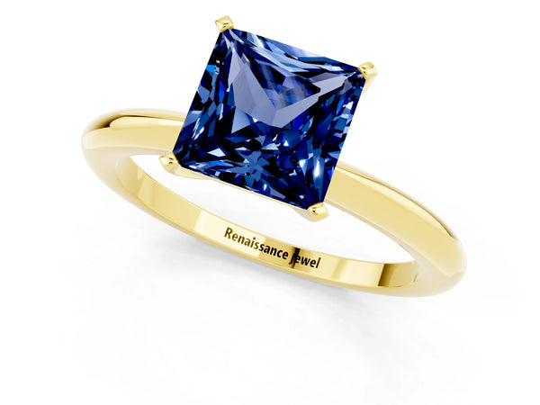 Yellow gold Princess Cut Blue Sapphire Solitaire Ring with Six-Prong Setting and Classic Band