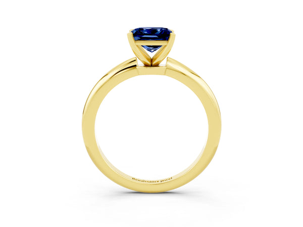 Yellow gold Princess Cut Blue Sapphire Solitaire Ring with Six-Prong Setting and Classic Band