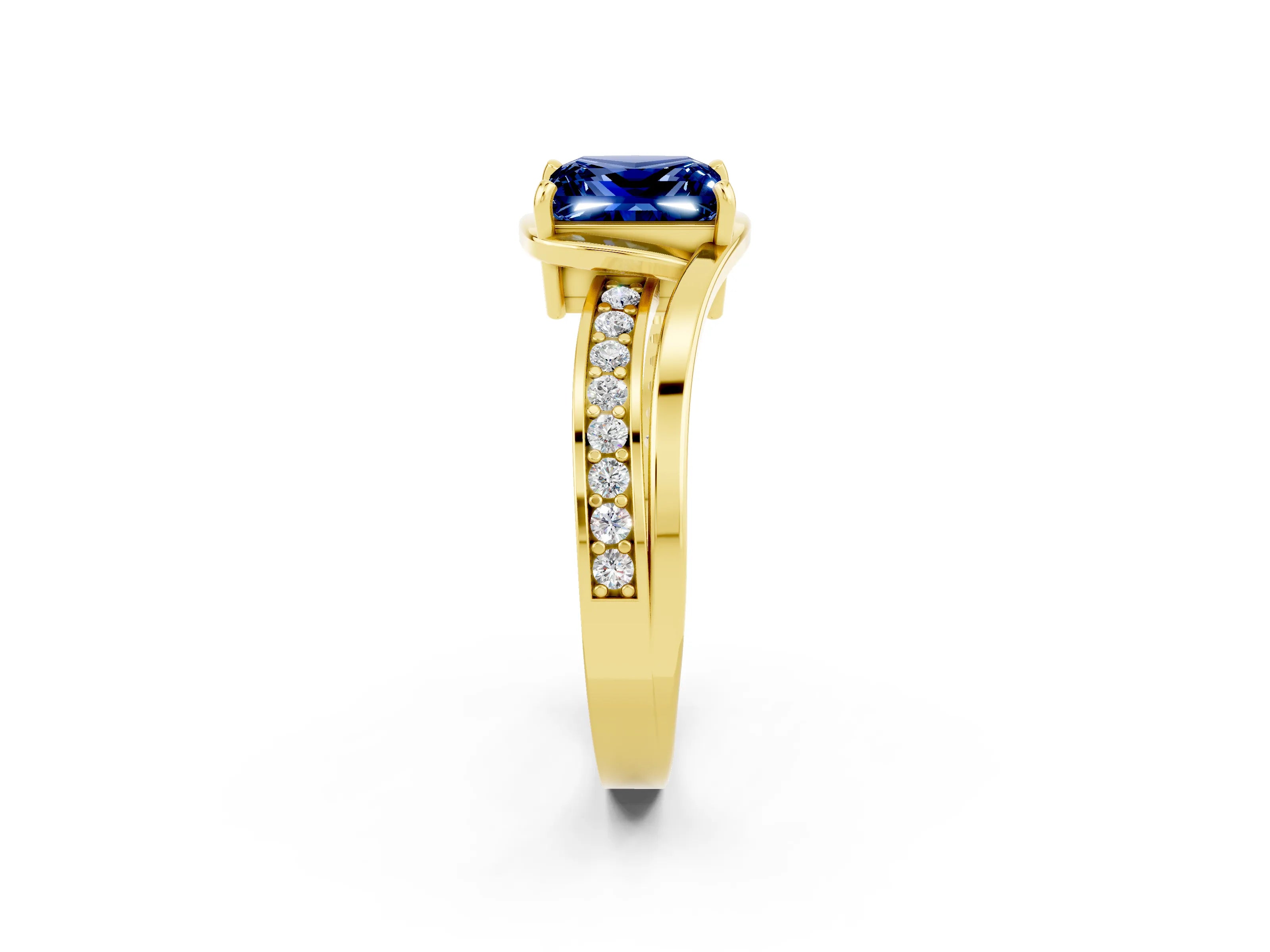Yellow gold Princess Cut Blue Sapphire Solitaire Ring with Split Shank and Prong Setting_2