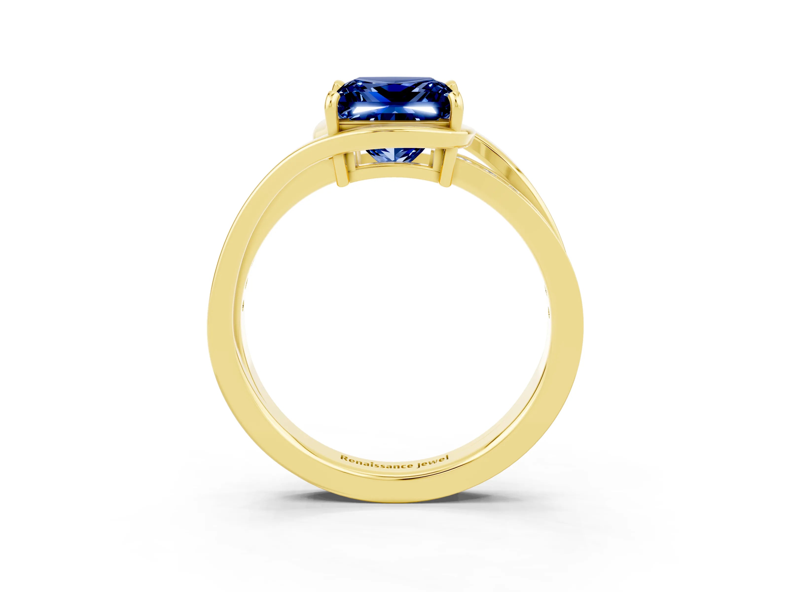 Yellow gold Princess Cut Blue Sapphire Solitaire Ring with Split Shank and Prong Setting_3