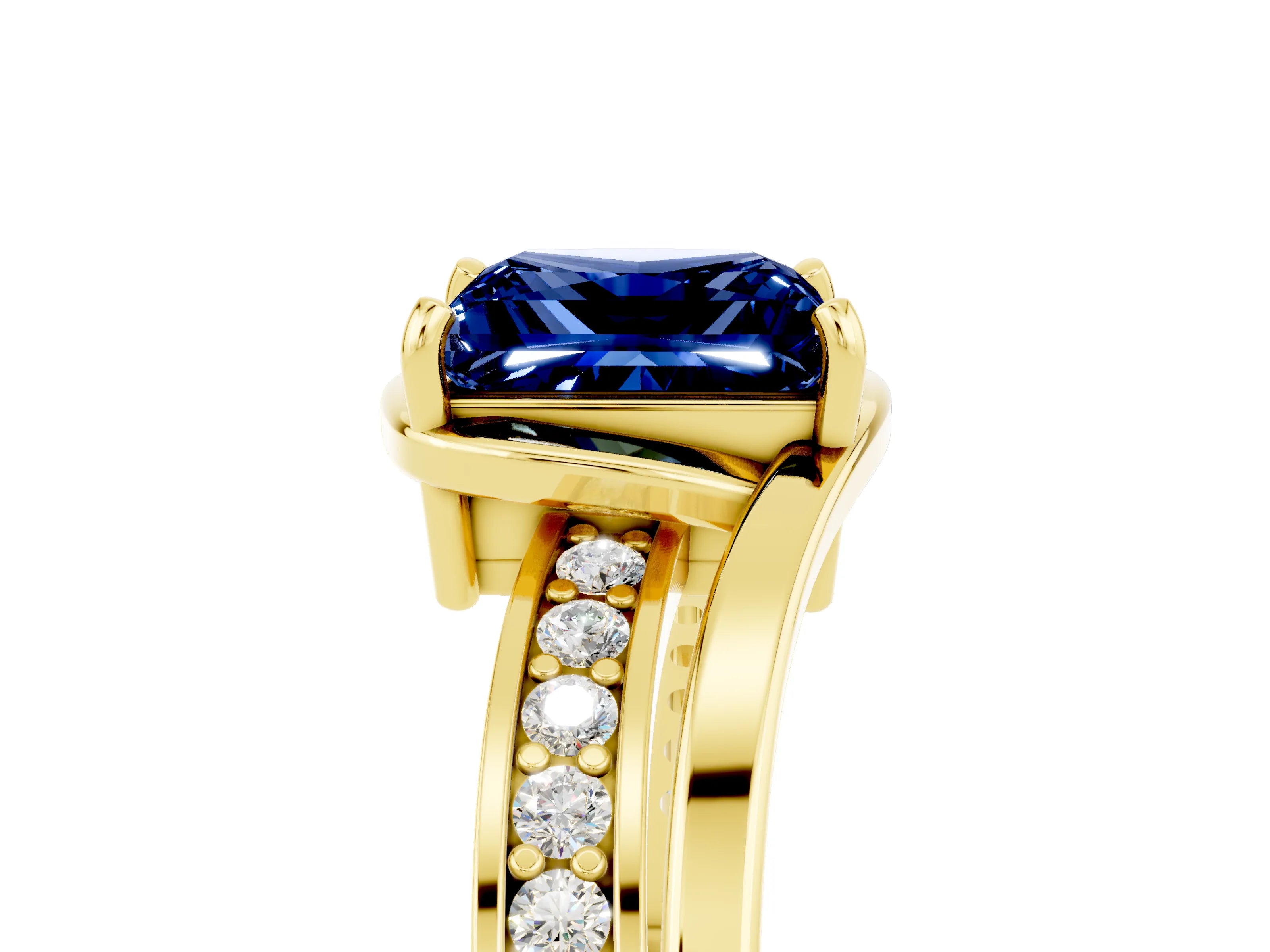 Yellow gold Princess Cut Blue Sapphire Solitaire Ring with Split Shank and Prong Setting_5
