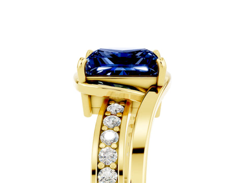 Yellow gold Princess Cut Blue Sapphire Solitaire Ring with Split Shank and Prong Setting_5