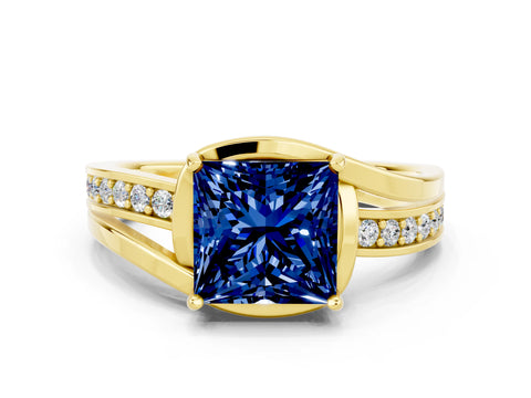 Yellow gold Princess Cut Blue Sapphire Solitaire Ring with Split Shank and Prong Setting