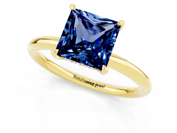 Yellow gold Princess Cut Blue Sapphire Solitaire Ring with Thin Band and Four-Prong Setting